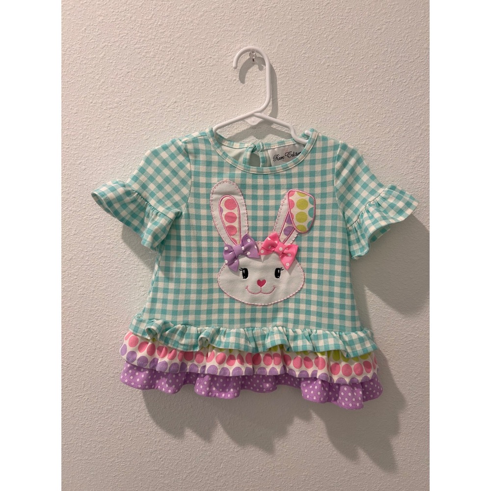 Rare‎ Editions Baby Girl Teal Gingham Bunny Ruffle Top Shirt 12M